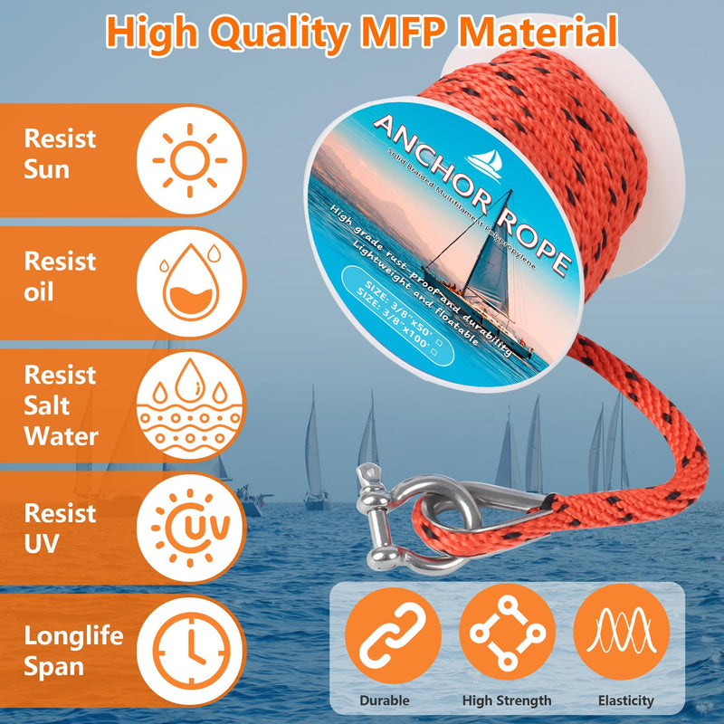 Anchor Rope 50 ft x 3/8 inch, Premium Solid Braid MFP Anchor Line, Boat Anchor Rope with 316 Stainless Steel Thimble & Shackle, Orange and Black Orange&Black 3/8inch x 50ft