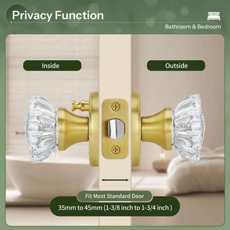 Moquin Modern Gold Interior Crystal Door Knob with Lock (No Key), Privacy Glass Door Knob with Privacy Button for Bathroom, Bedroom or Closet, Satin Brass Epiphyllum+Round with Bead Cover (Satin Brass)