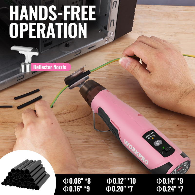 WORKPRO 7.2V Cordless Mini Heat Gun for DIY Crafts, 4000mAh Hot Air Gun, 1.5s Fast Heating, 3 Temp Settings (Cool/572°F/842°F), USB-C Rechargeable, Perfect for Crafts & Decorations - Pink Ribbon