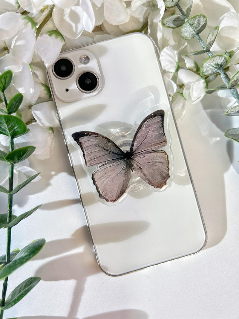 Butterfly Sticky Mobile Phone Grip, Clear Cell Phone Stand, Expanding Cell Phone Charms Accessory, Interchangeable Finger Kickstand, Collapsible Handle Grip Holder for Kindle Gray