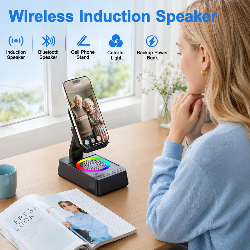 TARKARI Induction Speaker, Phone Stand with Speaker, Bluetooth Speakers | Wired Charging the Cellphone, Foldable and Adjustable Cell Phone Stand, Ambient Light, For Home Office, Gifts for Women Him Black