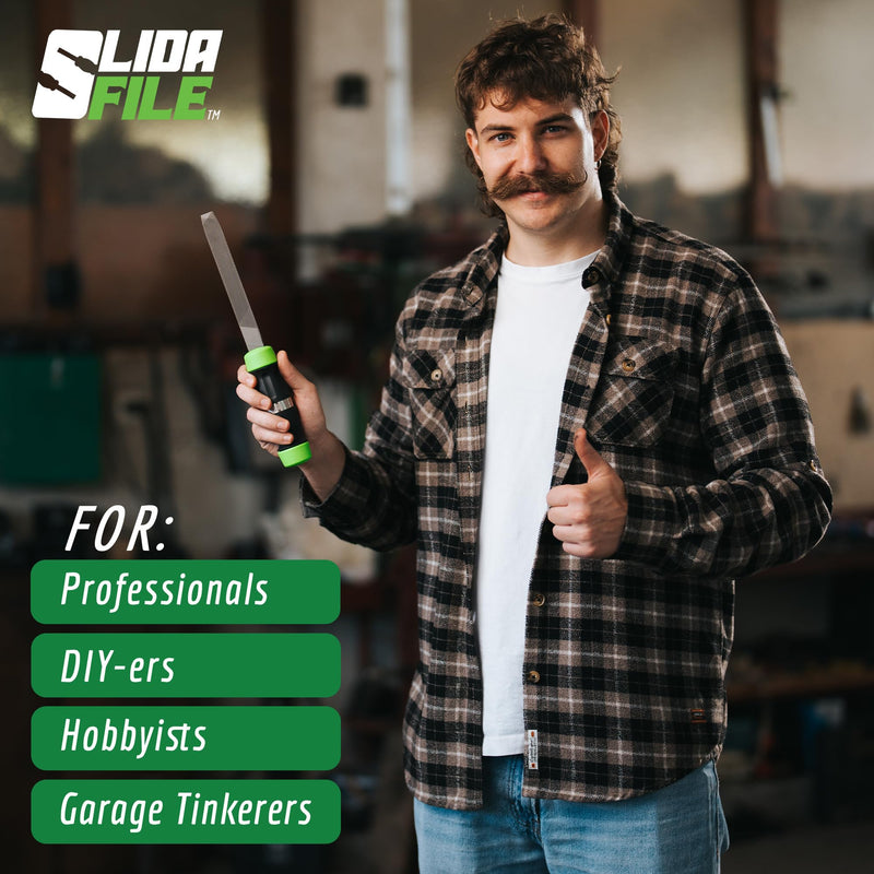 Slida File 4-in-1 Metal File Tool – Bastard, Smooth, Double & Second Cut | Sharpens knives, deburrs metal, shapes plastic & aluminum, removes rust — quick-swap grades, fits most toolboxes Black-green