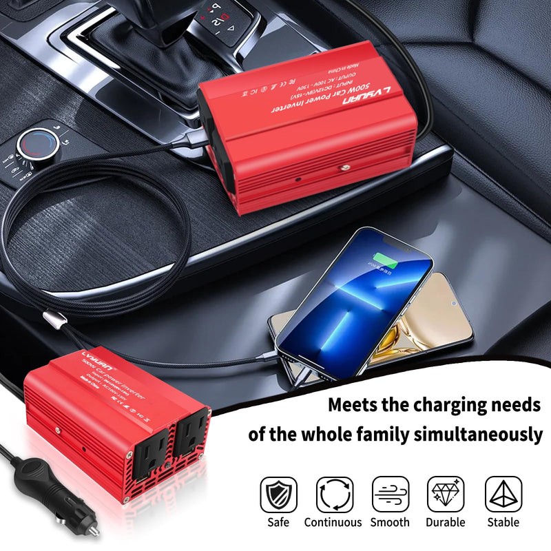 LVYUAN 500W Power Inverter for Vehicles DC 12V to 110V AC Car Plug Adapter Outlet Converter with 2 USB Fast Charging Ports and 2 AC Outlets Car Charger Adapter Red