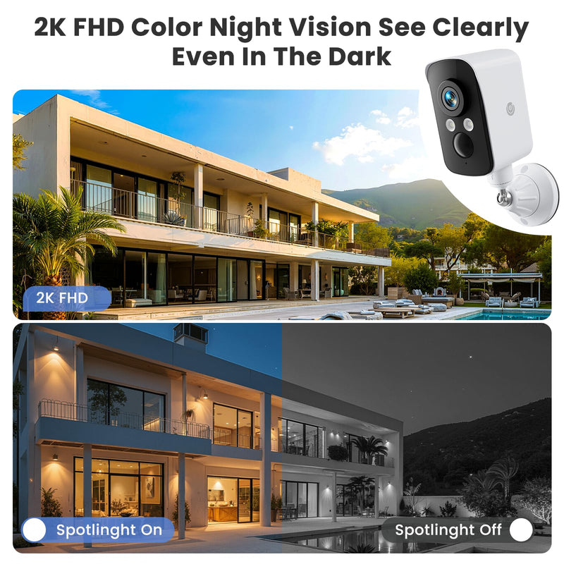 300° Pan Wireless Outdoor Security Camera, No Subscription Free 7-Day Cloud/SD, AI Detection, Magnetic Mount, Battery Powered, 2.4G WiFi, 2K, Night Vision, 360° View, 2-Way Talk, Home Security, IP65