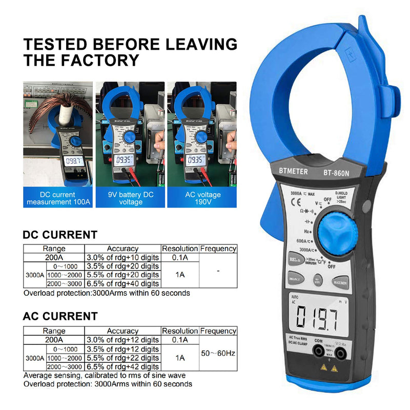 Digital Clamp Meter 3000A Amp Meter, BTMETER Auto Ranging Multimeter True-RMS Measure AC/DC Current Voltage Frequency Resistance Capacitance Temperature, Electrical Tester BT-860N Blue