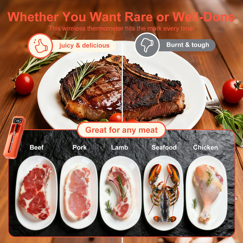 Smart Wireless Digital Meat Thermometer with Ceramic Probe, Food Thermometer Standalone Display Base 3000FT Range Real-time Monitoring ±0.5°F Accuracy,for BBQ/Oven/Grill/Smoker/Air Fryer 1 Probe