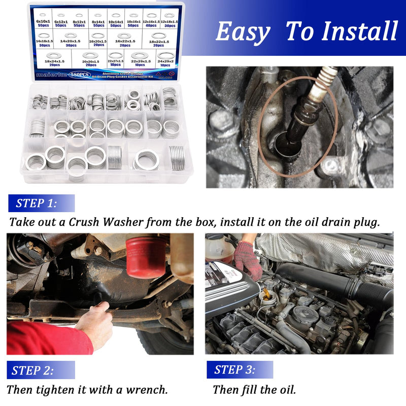 580PCS Crush Washer Oil Drain Plug,18 Sizes Aluminum Oil Drain Plug Gasket Assortment,Automotive Engine Crush Washers (M6 M8 M10 M12 M14 M16 M18 M20 M22 M24) 580PCS (M6-M24)