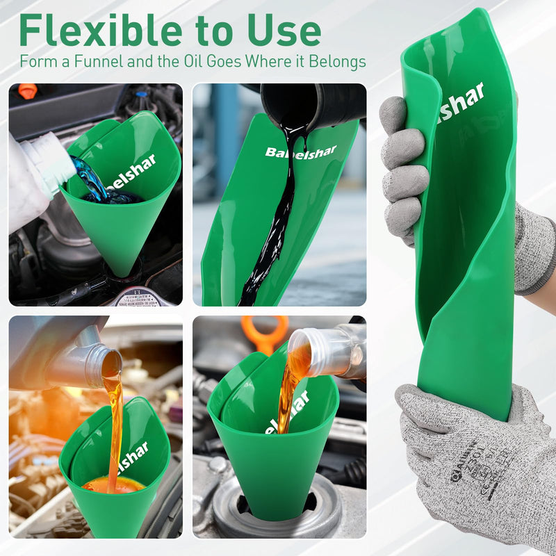 Babelshar Foldable Flexible Funnel for Oil Change, Form a Funnel for Automotive Use, Large Flex Oil Filling and Draining Tools, Spill-Free, Easy to Clean, for Lawnmower Motorcycle Snowplow Truck Green