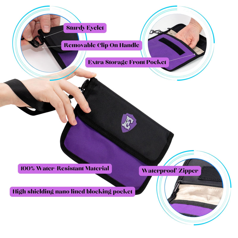 Large Signal Blocking Faraday Bags for Phones, Key Fob Signal Blocker, RFID Key Fob protector, Two-Tone Color Faraday Pouch for key fob w/Removable Handle, Zipper closure on back pocket Purple
