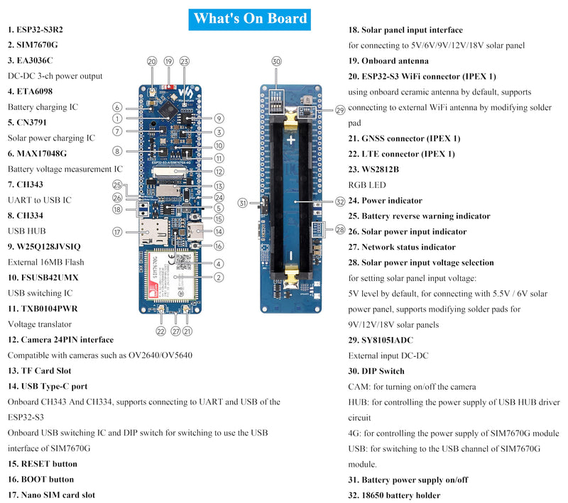 ESP32-S3 SIM7670G 4G Development Board, LTE Cat-1/WiFi/Bluetooth/GNSS Positioning, Global Coverage Multi Band, Onboard Camera/Antenna, Suitable for 4G Portable WiFi, Solar Panel or USB Charging