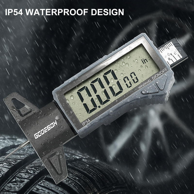 GODESON Digital Tire Tread Depth Gauge - IP54 Waterproof, 2.5" LCD Screen, 3 Modes (Fraction/Inch/MM), 1" Range, Auto-Off, Tire Wear Measure Gauge Tool 32nds for Car, Truck & SUV Tires IP54 IN/MM/FRAC - Grey