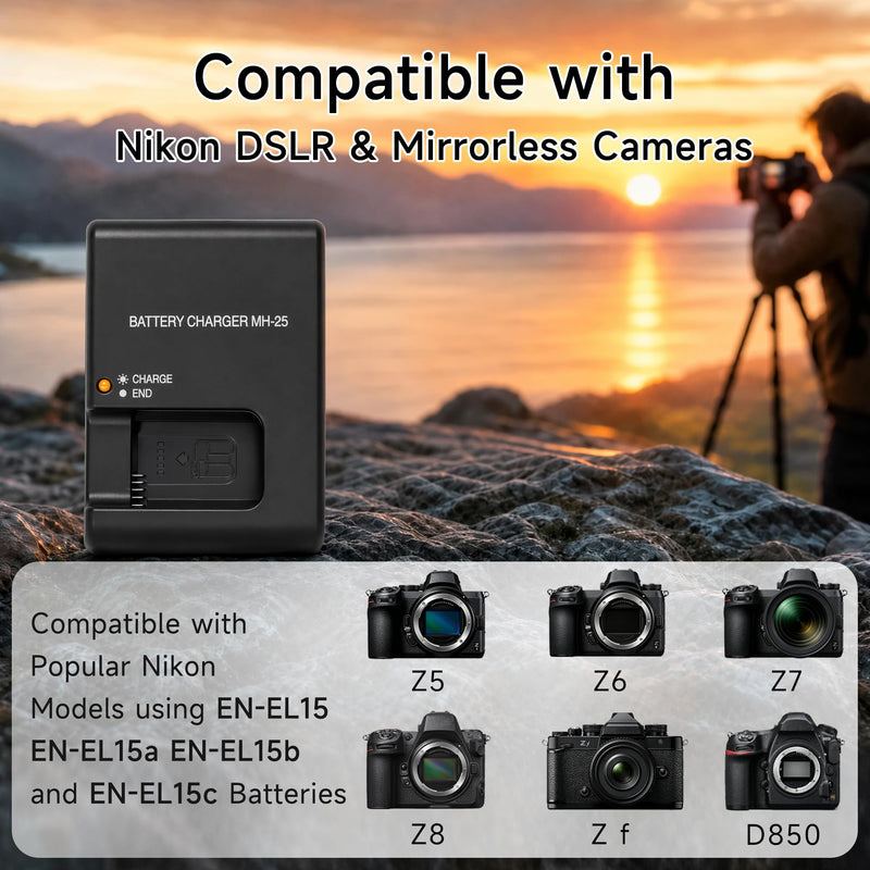 MH-25 MH-25A Charger Replacement for Nikon Z5 Z6 Z7 Z8 Zf Z6II Z7II Z6III | Smart Camera Battery Charger Compatible with Nikon EN-EL15 EN-EL15a EN-EL15b EN-EL15c, D850, D750, D810, D7500, D500, D610