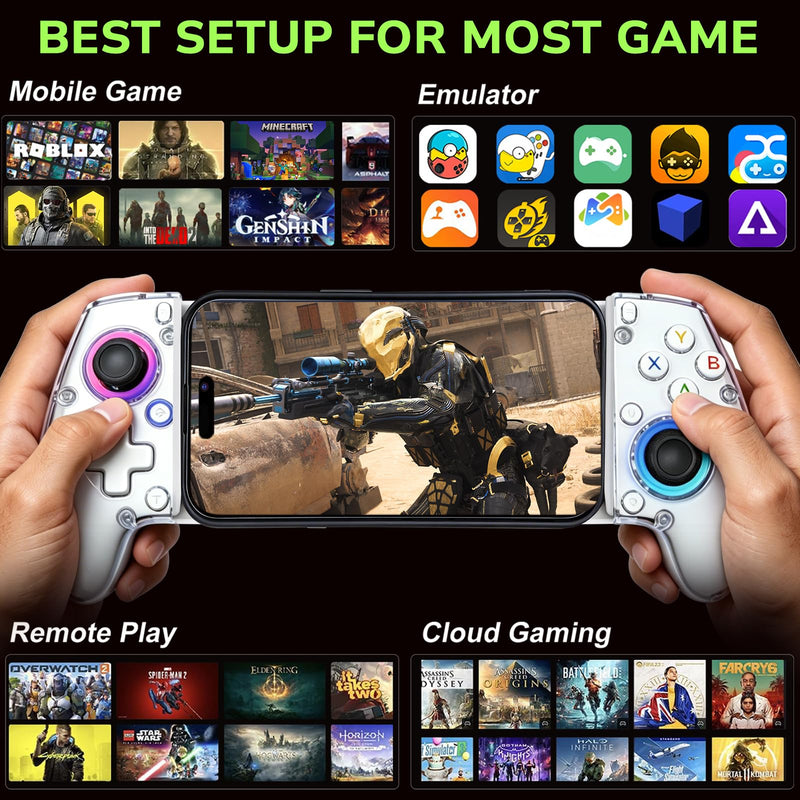 Transparent Phone Controller for iPhone, Android Mobile Controller Wireless Gaming Gamepad Joystick with RGB Lighting/Turbo/6-Axis/Dual Vibration, Xbox/PS5/PS4/PC Streaming, Cloud Gaming, Direct Play