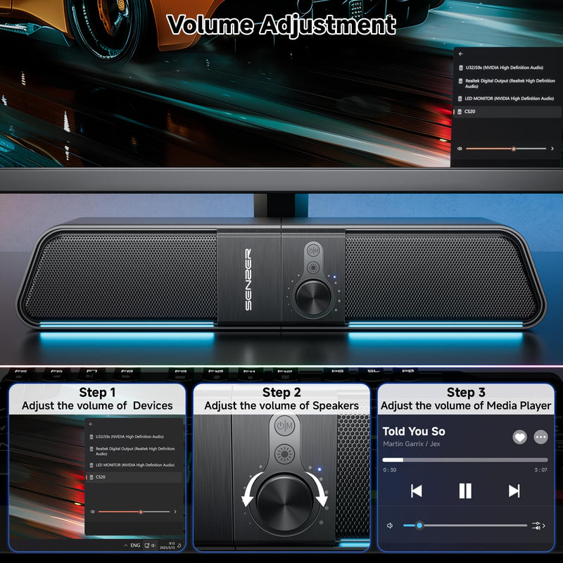 SENZER CS20 2 in 1 Bluetooth Computer Speakers for Desktop, USB Plug & Play Clear Sound PC Speakers with RGB Light, Monitor Sound Bar with Volume Knob, Gaming Speaker for PC Laptop Phone Tablet Black