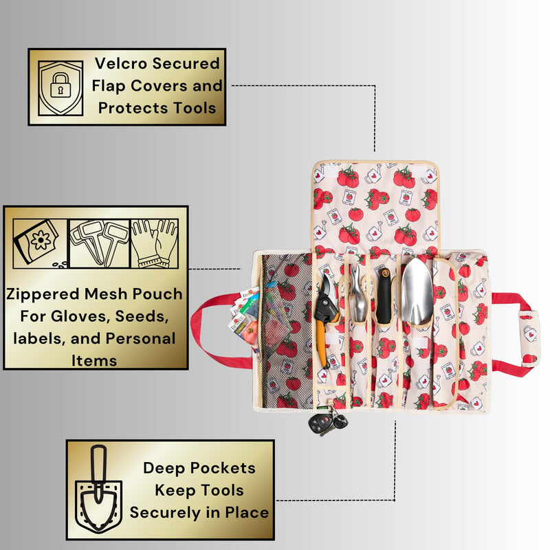 Garden Tool Bag - Roll-Up Garden Tool Holder with Deep Pockets | 900D Polyester Heavy Duty Gardening Tote | Compact Washable Organizer for Tools, Seeds, and Essentials (Tools Not Included) Tomato Print