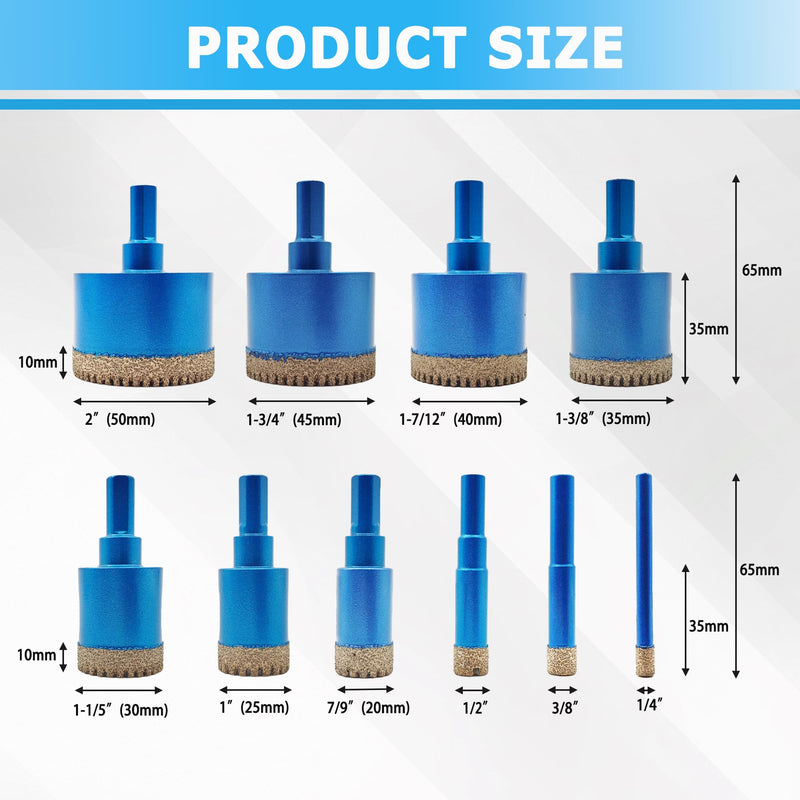 10 Pack Diamond Hole Saw Kit,Serrated Brazed Tile Hole Saw Kit,Dry & Wet Diamond Core Drill Bit Set(1/4" to 2") for Ceramic,Porcelain Tile,Granite,Marble,Stone 10Pcs Diamond Hole Saw Kit(1/4"-2")
