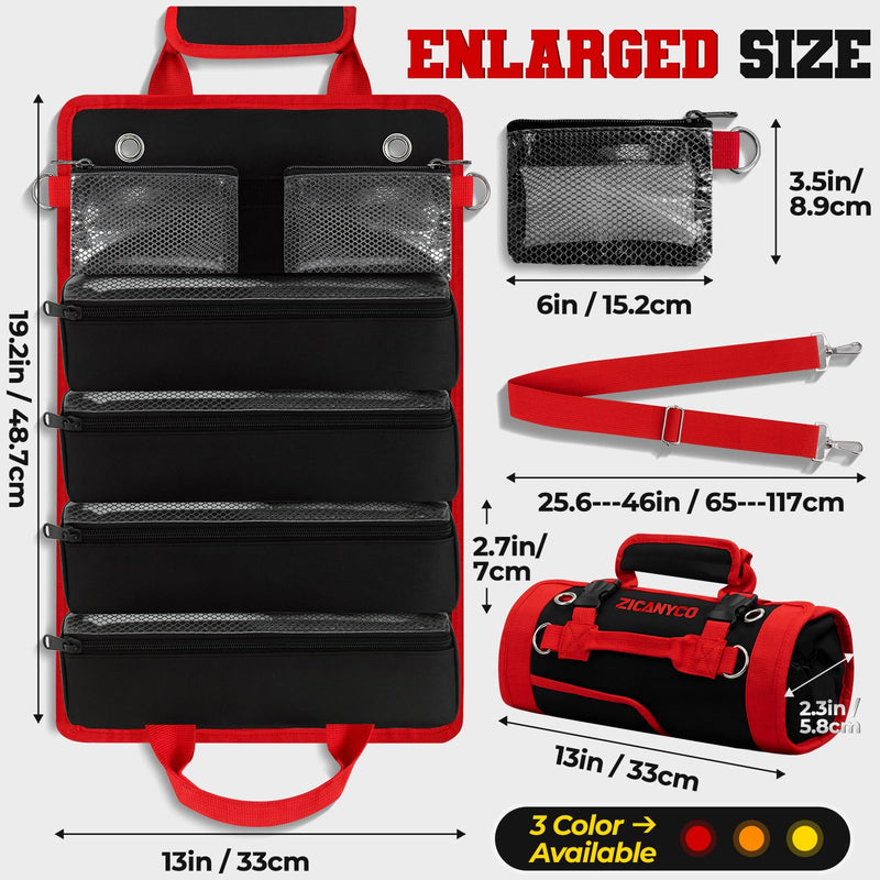 Roll Up Tool Bag, Heavy Duty See-Through Tool Roll Organizer with 2 Detachable Pouches, Portable Mechanic & Motorcycle Tool Bag, Birthday & Father’s Day Gift, Red