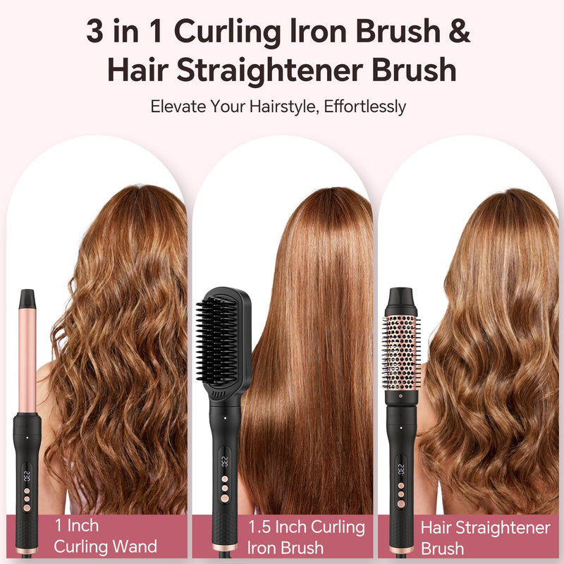 UNOBEY Thermal Brush 3 in 1 Curling Iron Wand Set with Heated Round Brush | 25mm Curling Wand Ceramic Hair Straightener Brush Multi Hair Curler Tools, Instant Heat Up, Dual Voltage