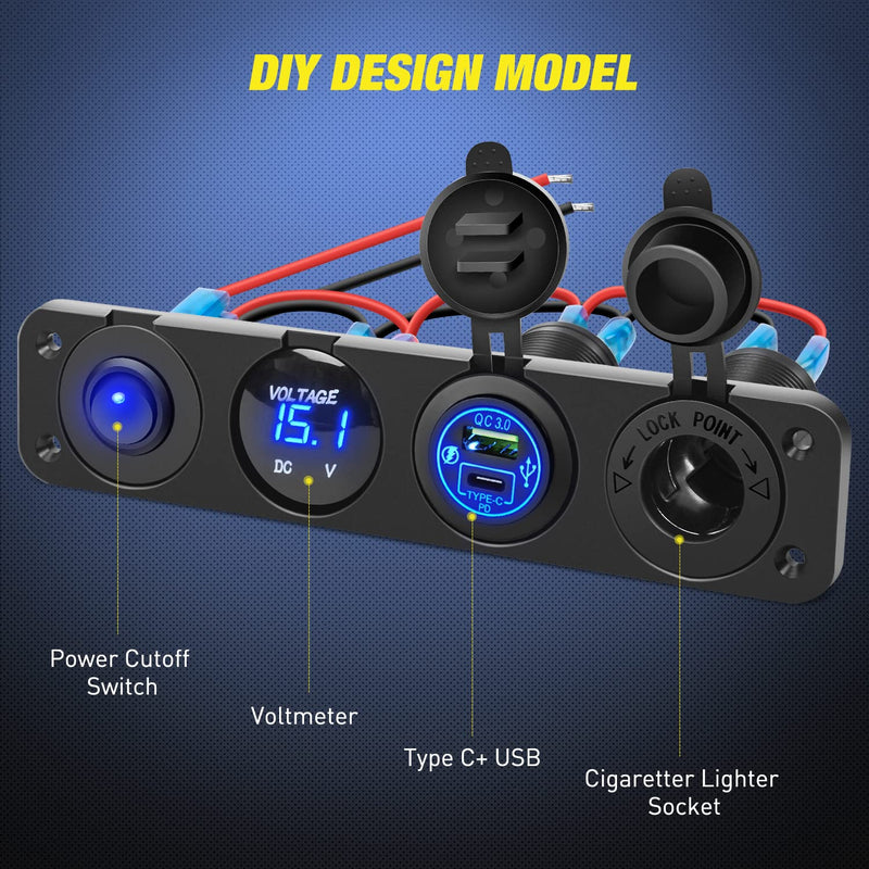 Nilight 4 in 1 ON/Off Charger Socket Panel PD Type C and QC 3.0 USB Power Outlet LED Voltmeter Cigarette Lighter Rocker Toggle Switches for Truck Car Boats RV Type C + USB Blue