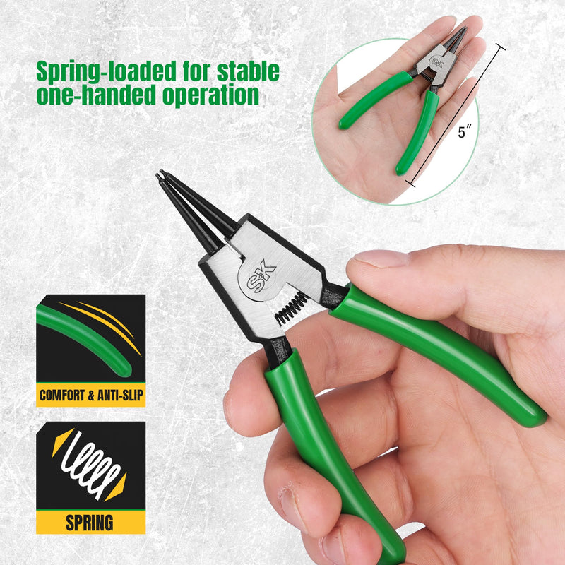 SK 4-Piece Snap Ring Pliers Set, 5-Inch Internal/External Circlip Pliers with Straight/Bent Jaw, 0.035'' Precision Tip Diameter, Premium CR-V Steel, with Zipper Pouch