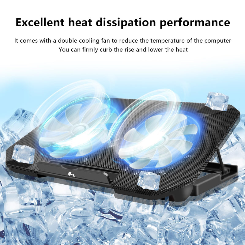 Laptop Cooling Pad, Cooler Pad Chill Mat 2 Quiet Fans LED Lights and 2 USB Ports 5 Height & with Adjustable Speed Mounts Metal Mesh Design, for 9"-17" Laptops（Black） Black