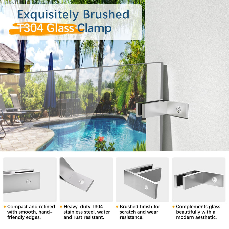 4 Pack Railing Wall to Glass Clamp, F Shape Stainless Steel T304 Bracket for Indoor & Outdoor, Brushed Finish Railing Glass Clip Holder for Fence, Balustrade, Balcony Deck 4 Pack