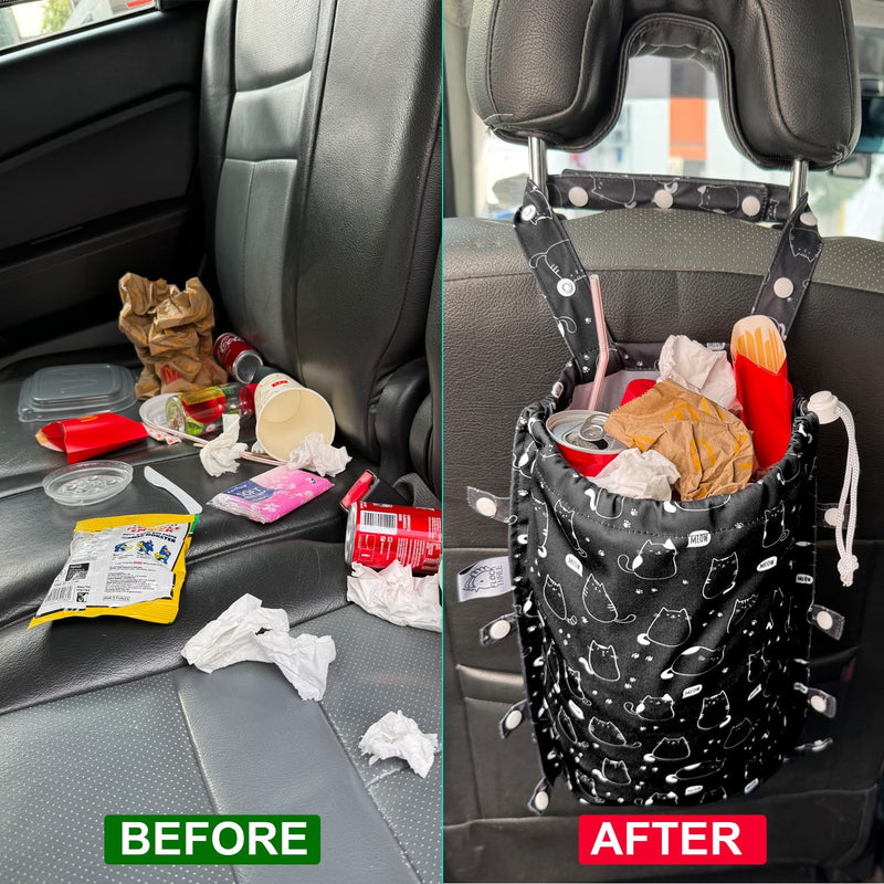 FLOCK THREE Leak-Proof Waterproof Car Trash Bag Foldable Multipurpose Trash bin Container Storage Cute Grocery Organizer Bag for Automotive Front or Back Seat in Cars SUVs and Trucks (Cute Cats) Cute Cats