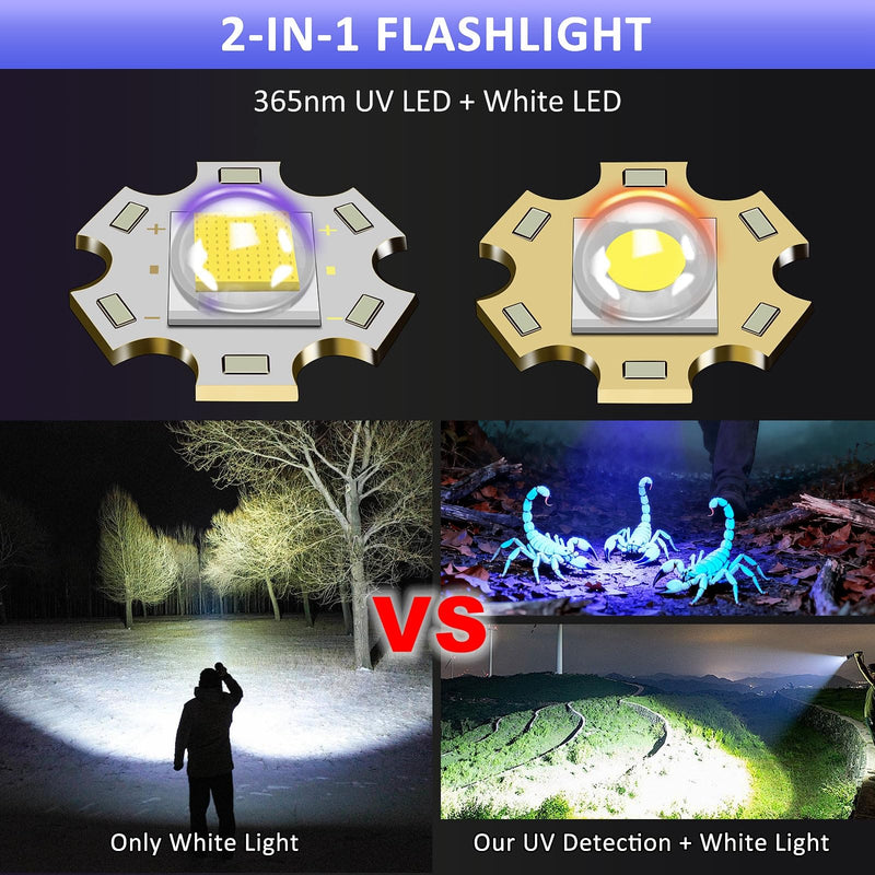 365nm UV Flashlight Black Light, Rechargeable 2-in-1 White and Ultraviolet Light Combo, Zoomable LCD Display UV Light for Pet Urine Detection, Resin, Rocks, Scorpion, AC Leak, Camping, Emergencies
