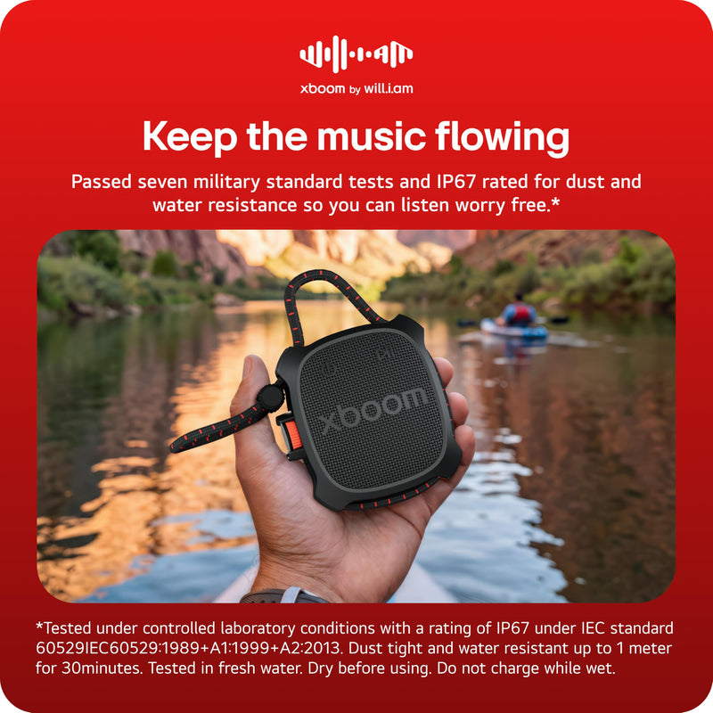 LG xboom Rock by will.i.am, Portable Outdoor Bluetooth Speaker, up to 10 Hours, IP67 Dust and Water Resistant, Adjustable Mounting Cord, Black