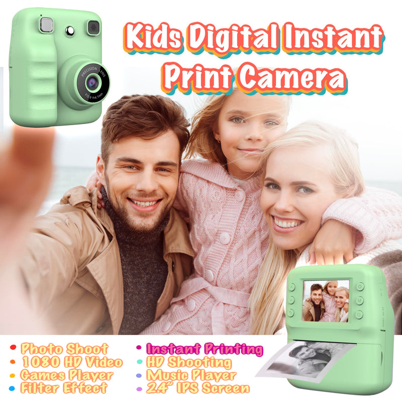 Kids Instant Print Camera for Girls Boys Christmas Birthday Gift (Green) | Digital Camera with 1080p Videos, Print Paper and 32GB Card, Portable Travel Cameras Toy for 3, 4, 5-12 Year Old Girls Boy Green