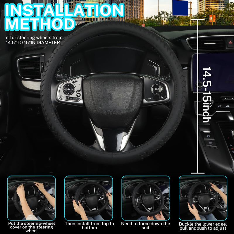 Leather Steering Wheel Cover Men，with Black Woven Pattern Car Accessories ，Anti-Slip, Safety, Soft, Breathable, Adaptable to 14.5-15 inches Steering Wheel Fit SUV， Jeep， Van，Sedan，Car Black+Woven Pattern