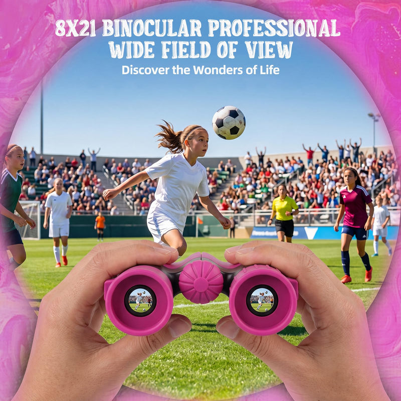 Portable Kids Binoculars 8x21 - Compact Shockproof Real Binoculars for Kids | Great for Bird Watching, Camping, Hiking | Educational Birthday Gift for Boys & Girls Aged 3-12 | Incl. Compass & Carabiner Rose-Pink