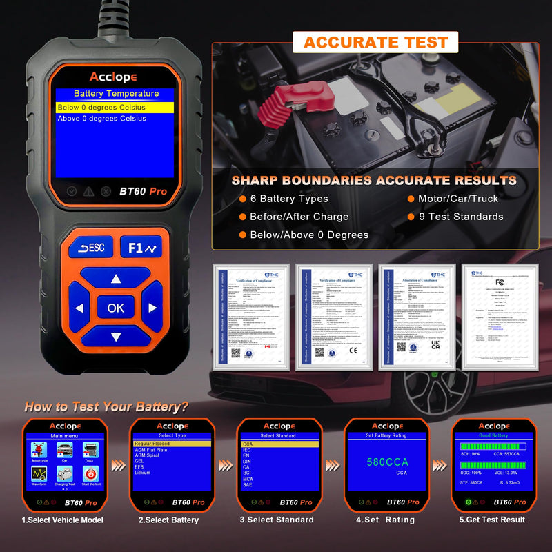  [AUSTRALIA] - BT60 Pro Acclope Car Battery Tester with Cloud Printing 100-3000 CCA 6V 12V 24V AGM Lithium Gel Battery Checker Automotive Alternator Digital Analyzer Charging Cranking System Vehicles Truck Home-use