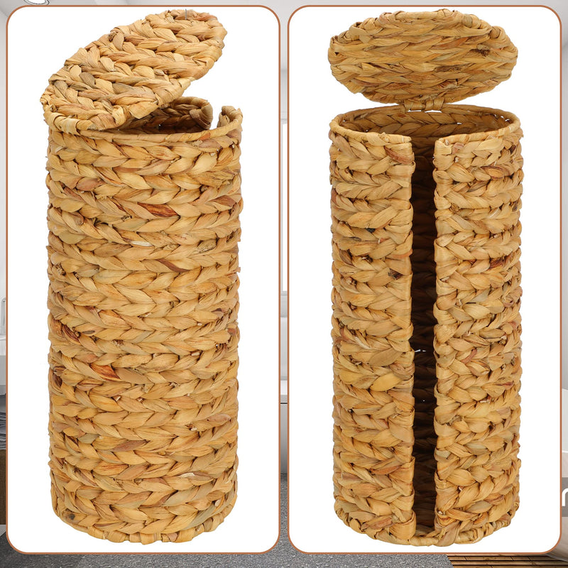 Graciadeco Stand Paper Storage with Lid Spare Extra 3 Rolls of Toilet Tissue Holder Free Standing Water Hyacinth Wciker Toilet Paper Organizer Basket for Bathroom Natural Color