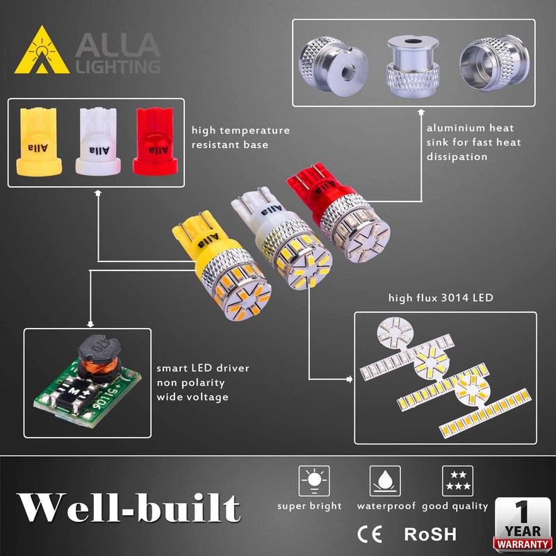 Alla Lighting T10 168 194 LED Lights Bulbs W5W 2825, Super Bright Red 360° Cars, Trucks' Marker, Inner Tail, Interior Dome, Map, Trunk, Door Stepwell Lights Lamps, 12V 175 161 3014-SMD Pure Red