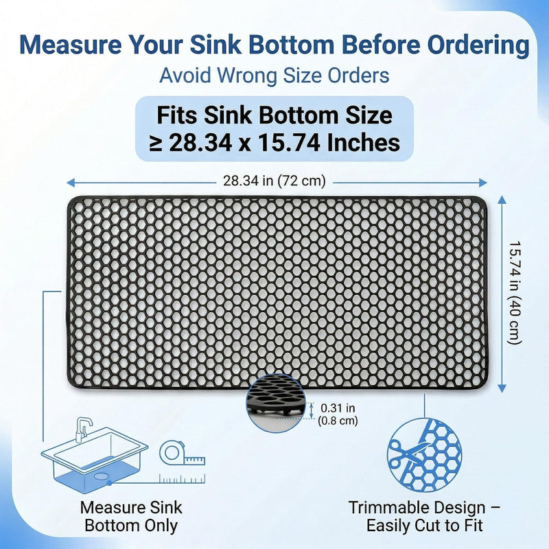 Sink Protectors for Kitchen Sink, 28.34''x 15.74'' Silicone Sink Mat Grid Protector for Bottom of Farmhouse Stainless Steel Porcelain - Can DIY Drain Hole Non-slip Heat Resistant Liner (Black) （Black）28.34" x 15.74"