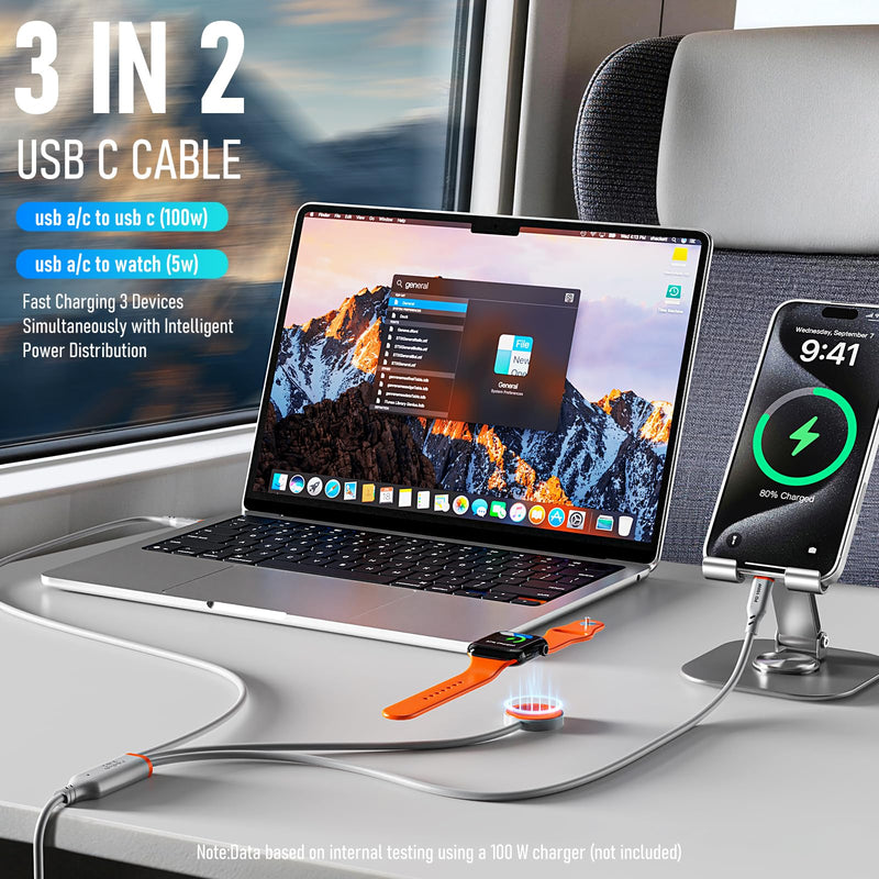 Travel Essentials 3 in 2 Multi Charging Cable 100W USB A/C to Dual USB C/for Apple Watch Charging Cable Silicone Fast Charge Compatible with iPhone 17-15 Series iPad MacBook, Type-C Devices 5FT-Grey Grey