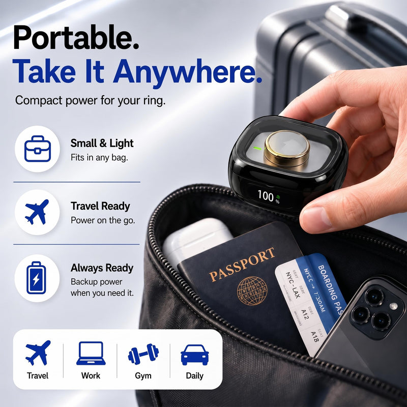 Wireless Charging Case for Oura Ring Gen 5/4/3 (Black) | Portable 2000mAh Travel Charger with LED Battery Display & Clear Window, Up to 15 Full Charges, Fits All Ring Sizes Black