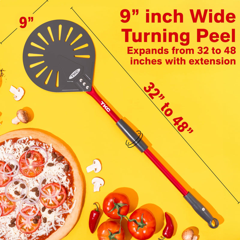 TKC 9" Perforated Pizza Peel, Professional Aluminum Pizza Turning peel, Long Handle Metal Pizza Spatula for Indoor and Outdoor, Lightweight Non-Stick Pizza Turner - Pizza Oven Accessories RED 9 Inch Red/Gray