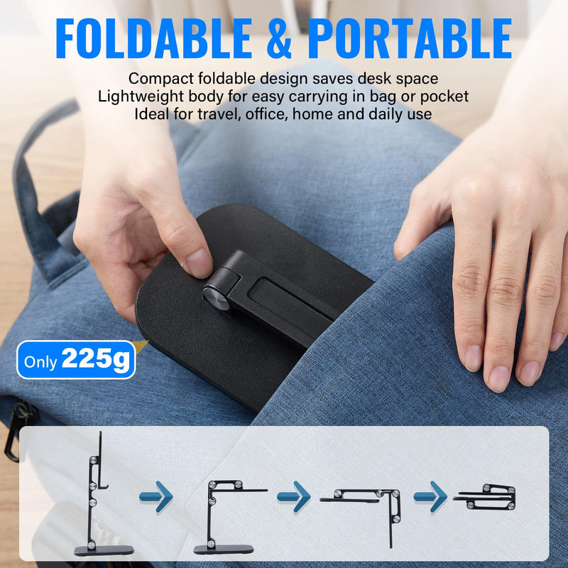 Foldable Desk Phone Stand, Adjustable Phone Holder, Heavy Non-Slip Base, Charging Hole, Thick Case Friendly Cradle for Most Smartphones, iPhone Samsung iPad Tablet Home Office Travel
