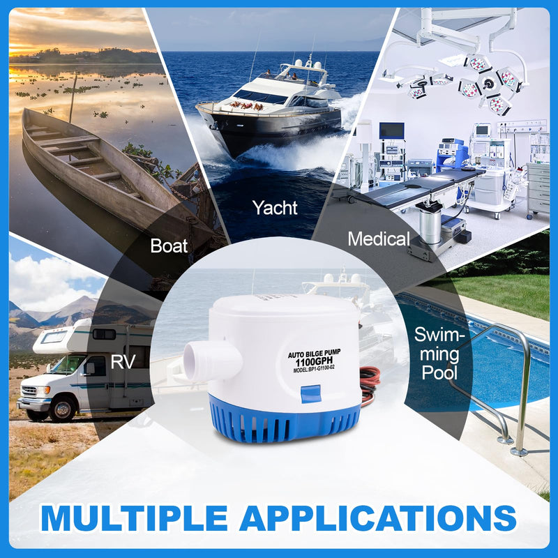 Luney Automatic Bilge Pumps for Boats 12v 1100GPH, Submersible Small Boat Bilge Pump with Float Switch, 1-1/8”(1.14IN or 29MM) Outlet Dia., 39IN 18AWG Wire(Blue)