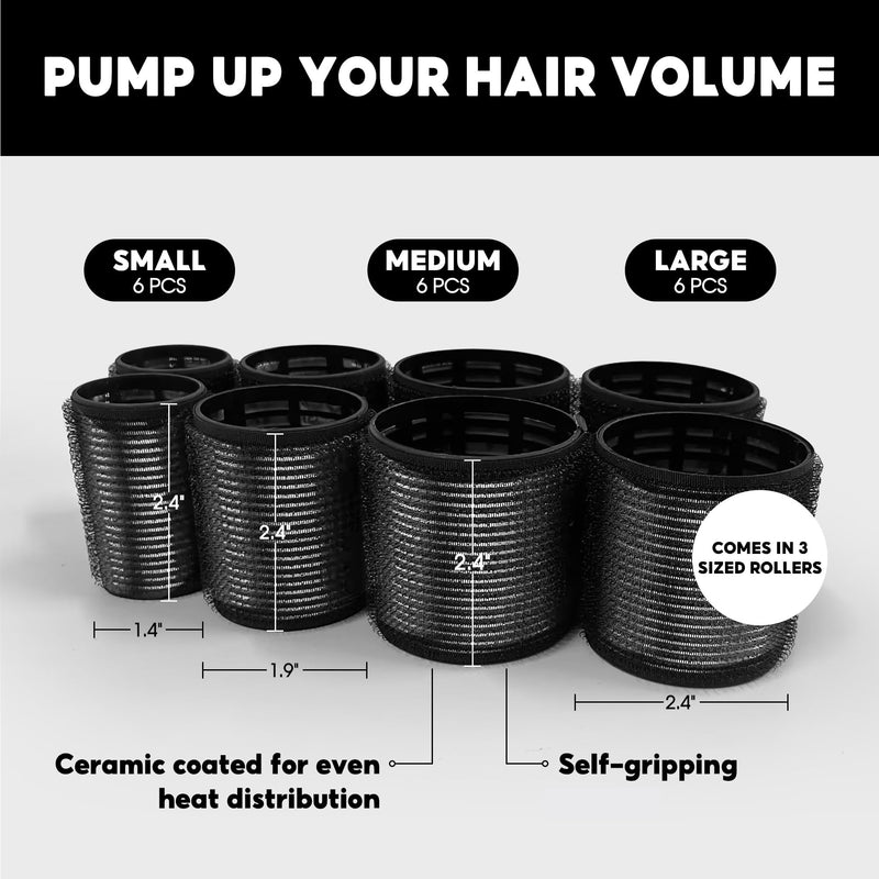 18pcs Hair Rollers,Self Grip Thermal Curlers for Long Short Hair | Ceramic Ionic Thermal Hair Rollers for Hair Volume,Blowout styling Look,to Sleep In,Salon Quality Heatless Curls(Black) Dark Black