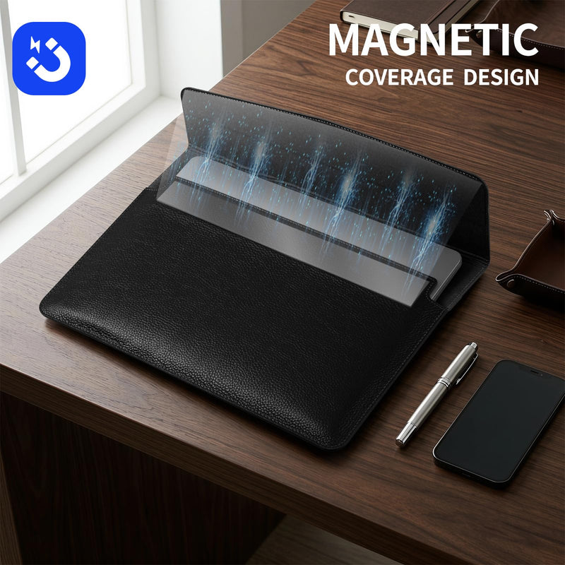 Genuine Leather Laptop Sleeve for MacBook Neo,MacBook Air/Pro 13" | Full-Grain Genuine Leather Laptop Cover with Magnetic Buckle Closure,Computer Protective Bag,Lychee Grain Black Lychee Grain Black for MacBook Pro/Air 13"