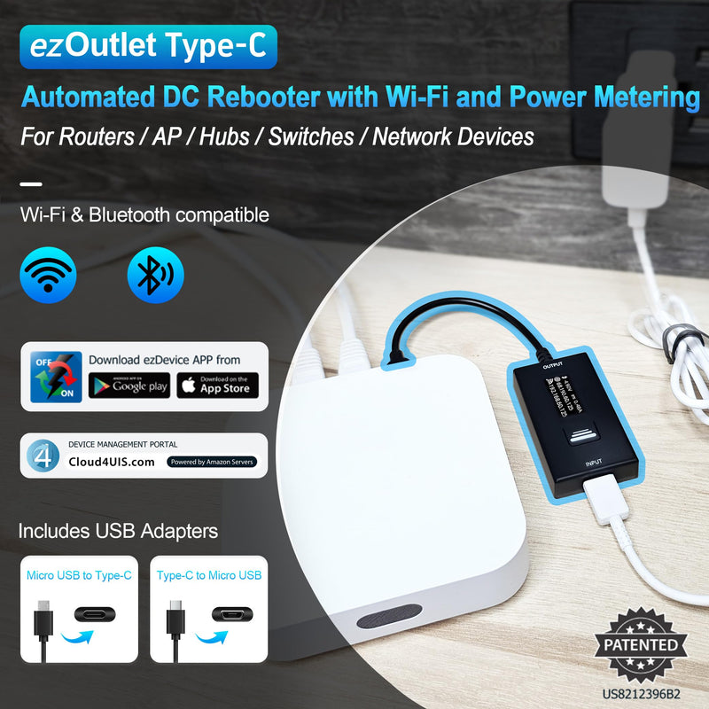 Wi-Fi IP Enabled Remote DC Power Switch (USB Type-C Plug) with Auto Reboot, Integrated Power Metering, Manage via Free APP & Cloud (Scalable). Ideal for Homes & Small Offices.
