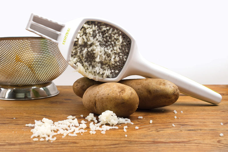 RSVP International (SPUD) Potato Ricer, White/Green | Mash Potatoes, Fruits, Vegetables & More | Includes Medium & Coarse Plates | Pot Resting Extension | Dishwasher Safe