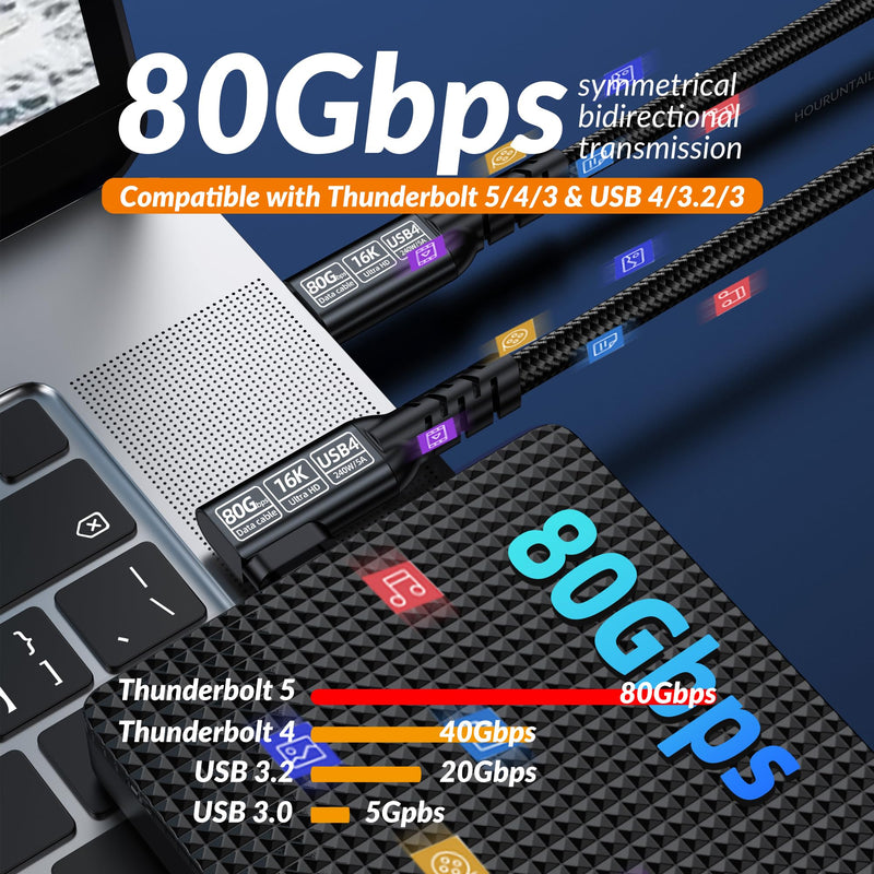 Thunderbolt 5/4/3 Cable Right Angle 4ft 1.2M,90Degree USB 4 Type C to C Compatible 80Gbps Braided Data High Speed,120Gbps Bandwidth for 16K/Dual 8K PD3.1 240W Charging iPhone,MacBook,Hub,Docking-Black Black