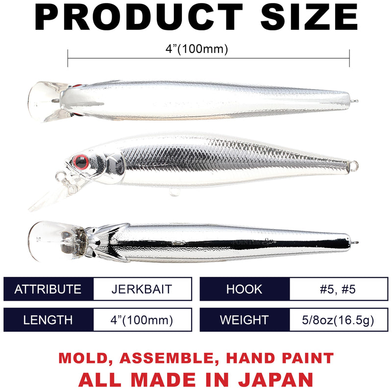 LUCKY CRAFT Pointer 100SP, Jerkbait Side by Side Action Tournament Winning Perfect Wobbling Freshwater Lake Bass Fishing Champion Bait 074 Chrome