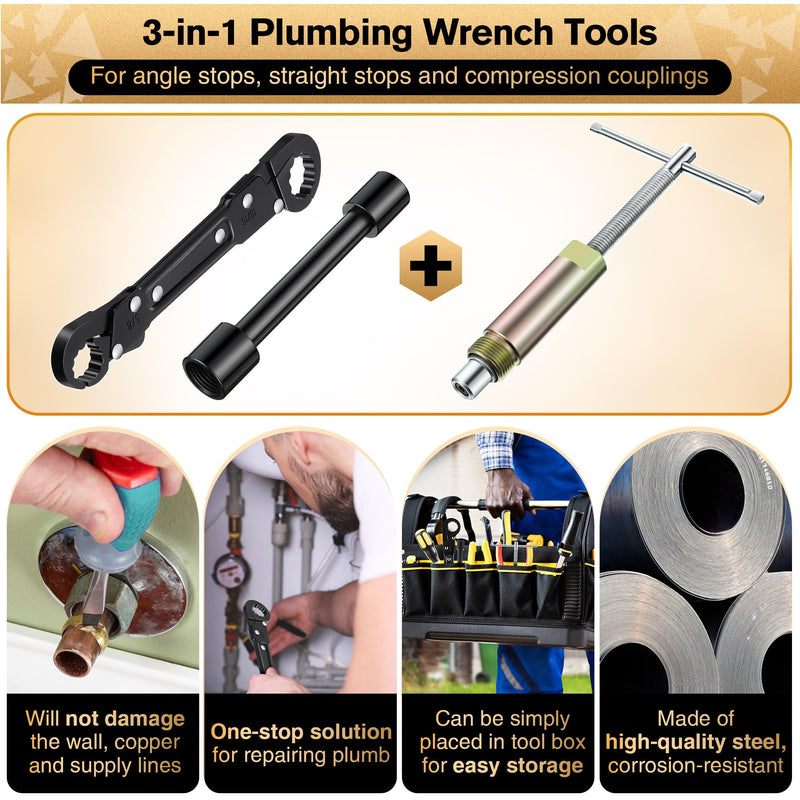 Feekoon 3 in 1 Plumbing Tools Angle Stop Wrench Kit with Compression Sleeve Puller Tool, Plumber Wrench Kit for Install Angle Stop & Nut, Compression Ring Removal Tool for Remove Nut & Ferrule