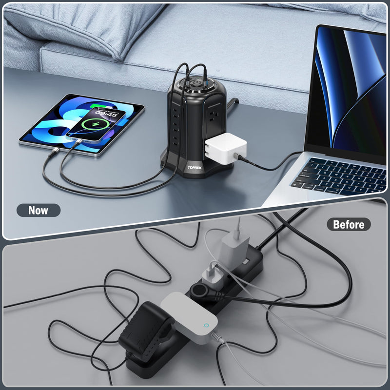 Tower Power Strip Surge Protector 2100J – 10 Outlets, 2 USB-C (20W PD), 2 USB-A, 6.5FT Flat Plug Extension Cord for Home Office, Dorm, Desktop Black