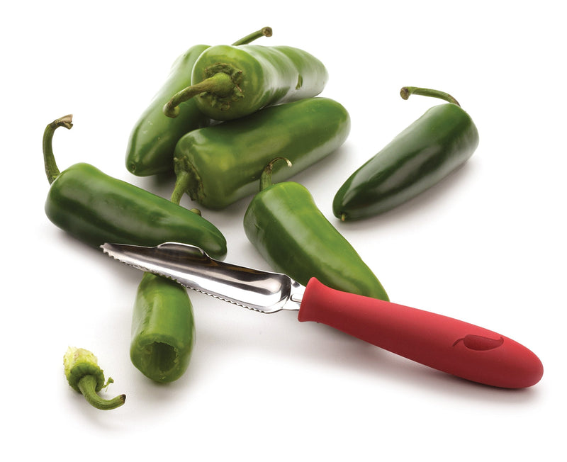 RSVP International Endurance Collection Vegetable Core & Seed Remover, Tomato, Zucchini, Jalapeno Pepper Corer Tool, Dishwasher Safe, 8.25" Overall Length, Stainless Steel Blade, Red Handle